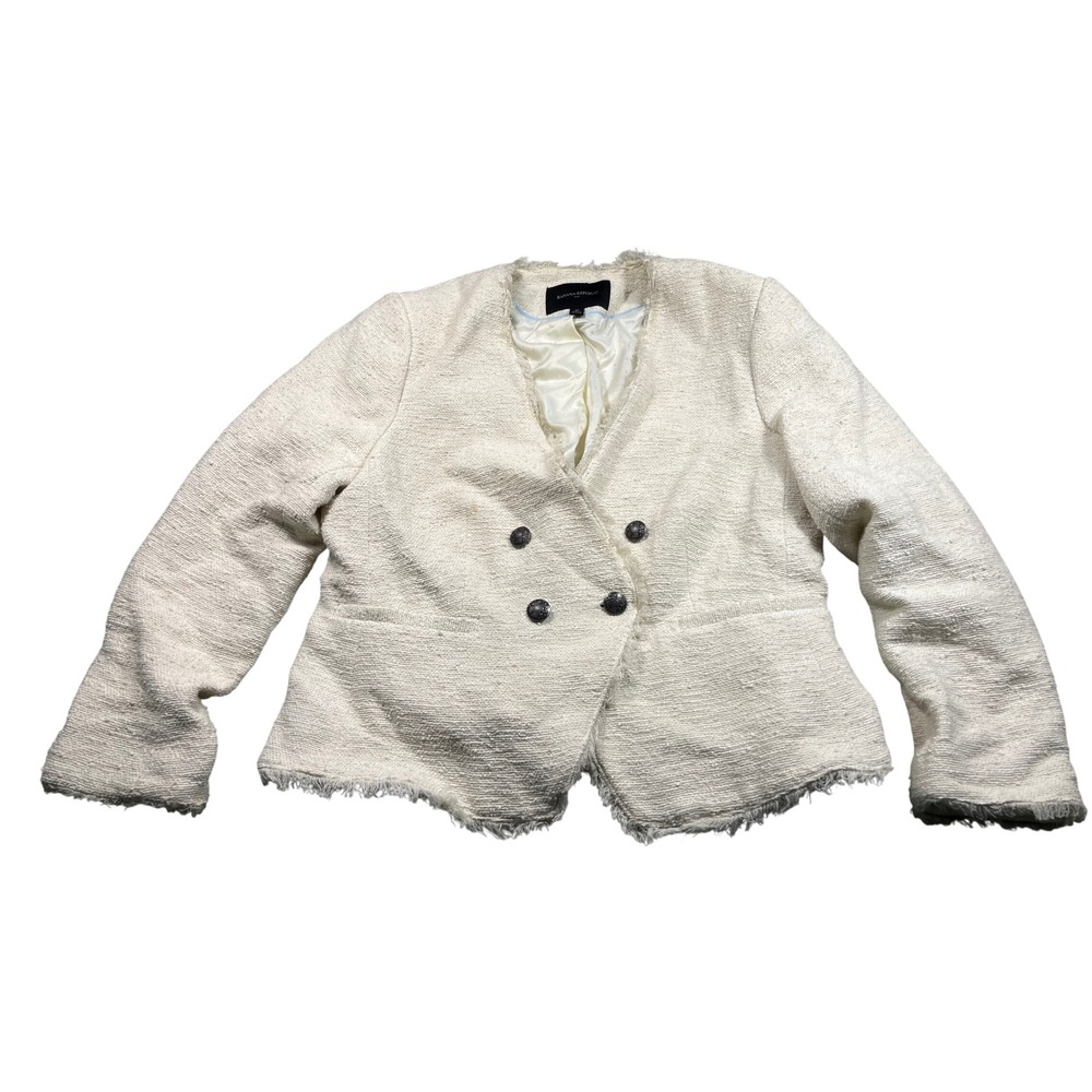 Banana Republic Womens 10 Ivory Boucle Tweed Jacket Fringe Double Breasted
